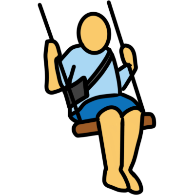 a yellow figure, wearing an AAC device, a light blue tshirt, and blue shorts, swinging on a simple swing. the swing has motion lines.